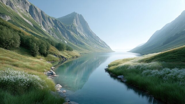 Serene Fjord Landscape with Lush Green Mountains and Calm Water under a Clear Sky in Norway