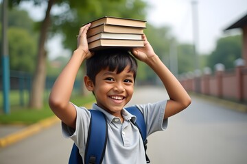 A boy balancing books on his head while smiling in a schoolyard.
