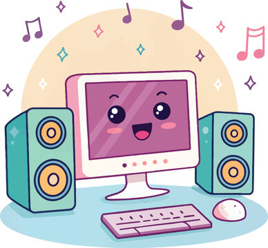Cute computer with smiling face and music notes