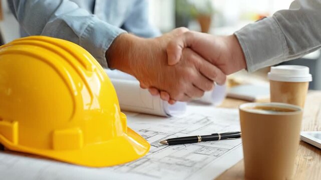 Deal Sealing: Construction project collaborators seal the deal through a handshake, set amidst blueprints, a coffee cup, and a hard hat.