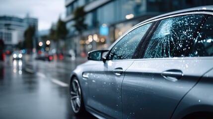 Silver Car Door Damage After Accident on Wet City Street in Bokeh Lighting
