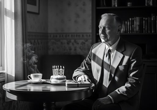 Elderly Man's Quiet 88th Birthday Moment with Cake and Blown-Out Candles