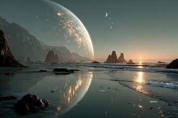 Alien planet beach at twilight with giant moon and distant sun ocean