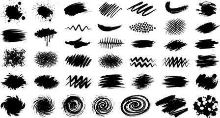 Vector art of collection of black ink brush strokes and splatters