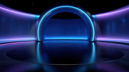 Empty TV studio backdrop with circular blue walls and glowing neon lights creates futuristic and immersive atmosphere with reflective floor and smooth curved design