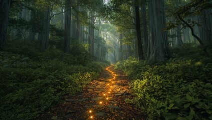 Obraz premium A winding path illuminated by glowing lights through a lush forest