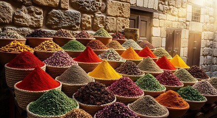 Colorful Spices in Baskets at Outdoor Market with Textured Stone Wall