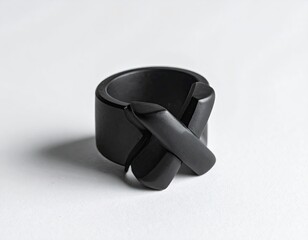 Modern abstract black ring accessory with unique intertwined design.