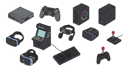 Isometric illustrations of various video game hardware and peripherals on a white background © Faisal