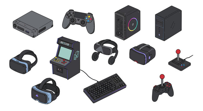 Isometric illustrations of various video game hardware and peripherals on a white background