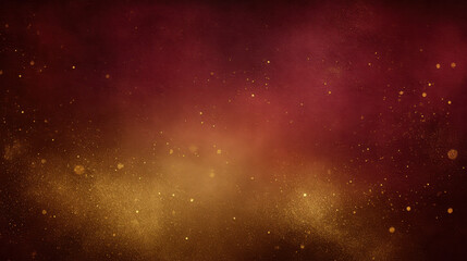 Fototapeta premium Golden dust particles float against rich maroon background, creating magical and warm fantasy texture with sparkling light effects and glowing atmosphere