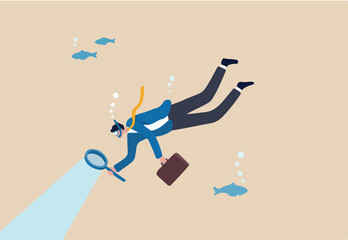 Deep dive analysis, discover business problem and improvement, research and strategy to develop and explore market and optimization, businessman scuba diving with magnifying glass in deep blue ocean.