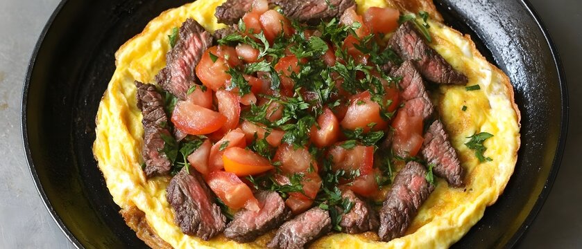 Delicious Steak and Tomato Omelette in Cast Iron Pan
