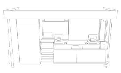 A reception desk contour drawing features a computer monitor and keyboard on the stand, conveying convenience for a modern store.