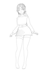 A girl in a skirt and stockings stands with hands clasped, her delicate features serene with eyes closed. Her dark hair is pulled into a neat bun, and the contour drawing is a free printable coloring.