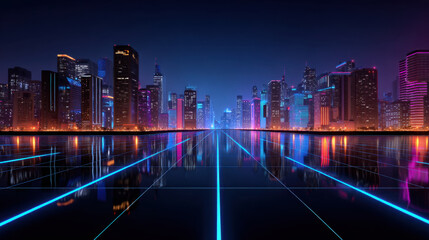 Obraz premium Futuristic city skyline at night with neon lights reflecting on glossy surface, showcasing vibrant cyberpunk atmosphere filled with colorful illuminated skyscrapers and modern architecture