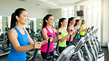 Women Exercising on Elliptical Trainers in Modern Gym - A diverse group of smiling women are exercising together on elliptical machines in a bright and modern gym. - Powered by Adobe