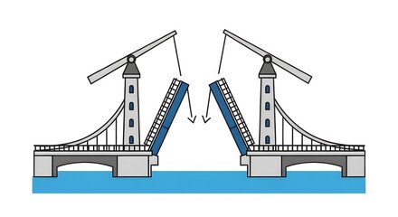 A drawbridge opens over water with tall towers
