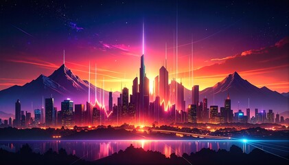 Fototapeta premium A vibrant city skyline at dusk, with twinkling lights illuminating modern buildings, framed by majestic mountains under a colorful sunset sky.