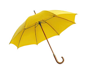 A bright yellow umbrella, angled, with a wooden handle