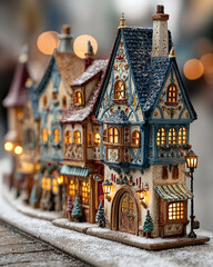 Fototapeta premium Charming Miniature Houses in a Cozy Winter Scene, Holiday Decor, Outdoor Viewpoint, Magical Atmosphere