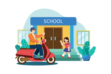 Father Riding Red Scooter and Daughter Waving Goodbye at School Entrance with Stairs and Teal Foliage on a Transparent Background