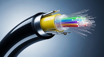 Closeup view of a fiber optic cable, showing the colorful strands of glass or plastic illuminated and extending from the protective black sheath