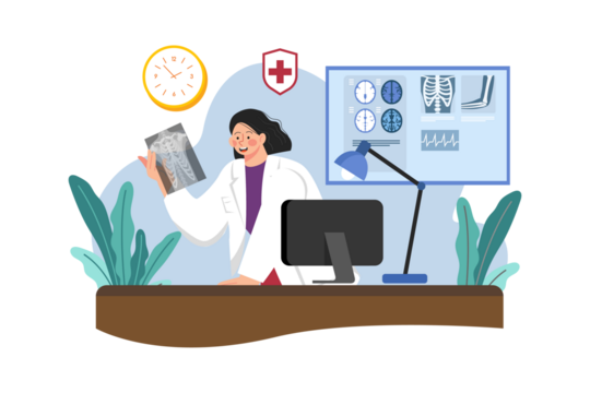 Female Doctor in White Coat Examining X Ray at Desk with Computer and Lamp on Transparent Background