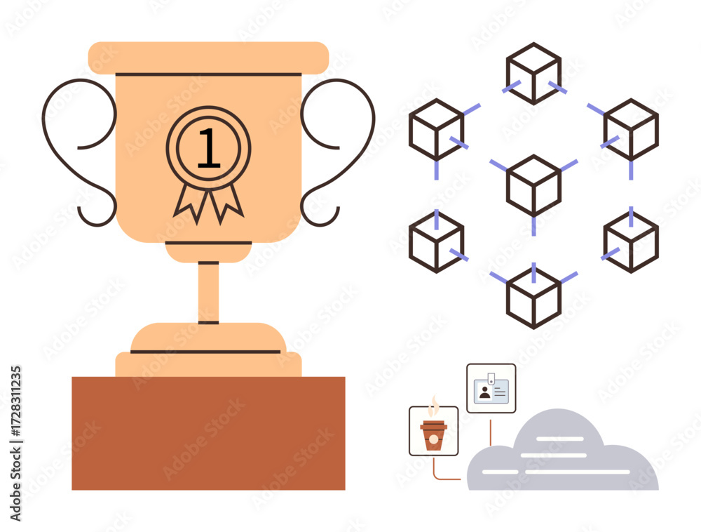 Aufkleber golden trophy with 1 badge, interconnected blockchain cubes, and cloud-based data integration. ideal
