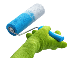 A hand in a green paint roller glove holds a paint roller
