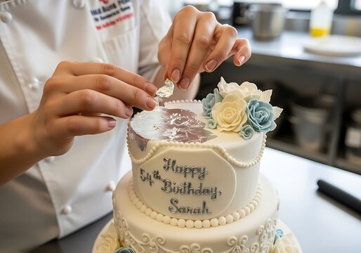 Pastry Chef Applying Silver Flakes to Elegant White and Blue Two-Tiered 54th Birthday Cake with Flowers