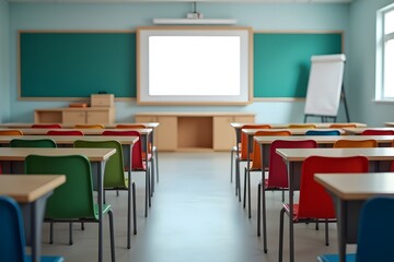 An empty classroom with rows of colorful chairs and a glowing smartboard.
