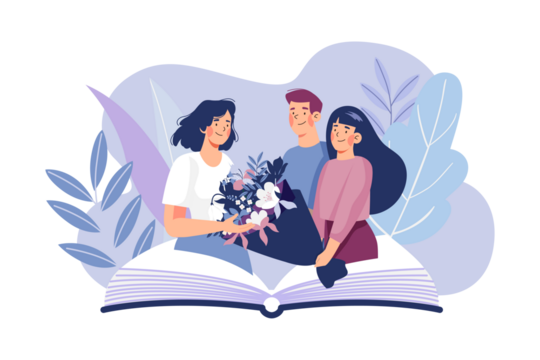 Family Portrait With Bouquet Above Book Against Lavender Foliage Illustration on Transparent Background - Powered by Adobe