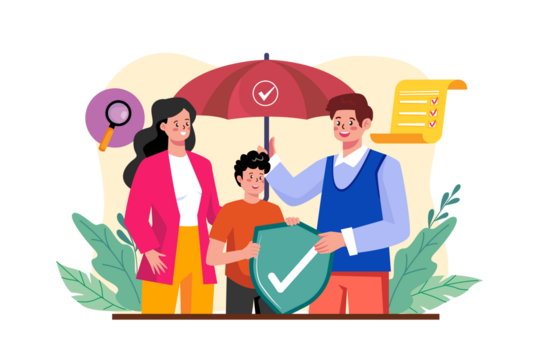 Family Protected Under Umbrella with Green Shield Illustration on Transparent Background