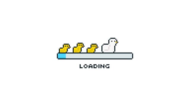 8-bit pixel art blue loading bar with mother duck with ducklings. funny, new, charming loading web ui. looped animation 4k 30fps