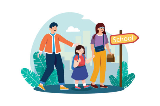 Family Walking to School with Yellow Sign on Transparent Background Illustration Vector - Powered by Adobe