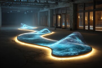 Glowing blue wave installation with golden light installation blue waves