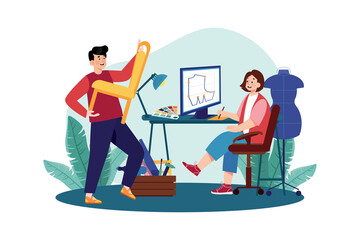 Fashion Designers Collaborating on New Collection at Desk with Measurements and Computer Screen in Transparent Background