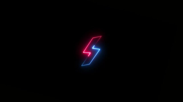 Red and blue neon lightning bolt symbol glowing on a black background electric energy