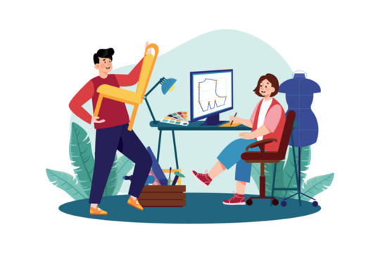 Fashion Designers Collaborating on New Collection at Desk with Measurements and Computer Screen in Transparent Background