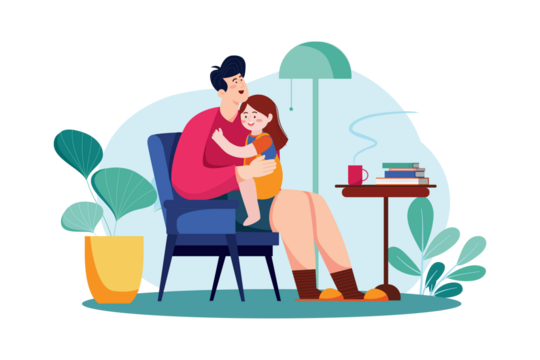 Father and Daughter Cuddling in Blue Chair with Indoor Plant Coffee and Books Illustration on a Transparent Background