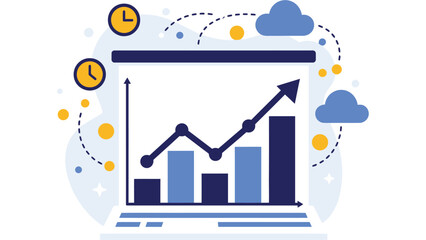 Line graph with clock and cloud icons symbolizing growth trends and predictive analytics