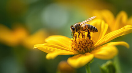 Bee collecting pollen from a yellow flower nature scene close-up view vibrant environment pollination concept