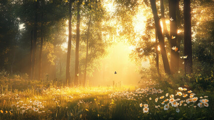 Sunlit forest scene with butterflies enchanted nature gigapixel quality tranquil environment lush greenery serene view