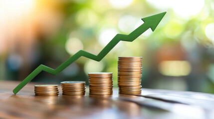 Business growth progression with coins and green arrow indoor setting financial concept close-up view