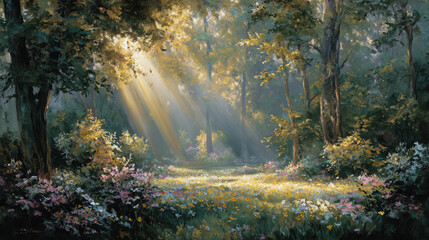 Sunlit forest adventure enchanted woodland landscape art tranquil nature panoramic view serenity concept