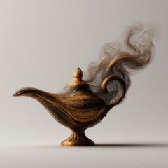 Magic lamp with ornate golden patterns releasing mystical smoke swirls on neutral background for fantasy storytelling
