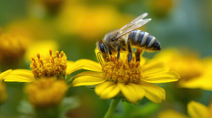Bee collecting nectar from vibrant yellow flowers close-up shot nature outdoor macro photography pollination concept