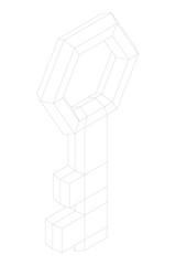 A black and white wireframe key on a clean white background. Isometric view