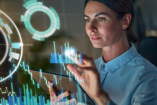 Businesswoman Analyzing Data On Tablet Behind Futuristic Holographic Security Interfaces With Analytics Charts And Global Metrics